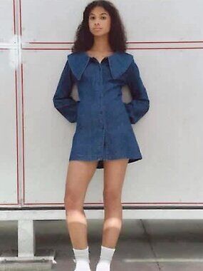 Zara RARE Soft Denim Mini Shirtdress Peter Pan Collar 100% Cotton Button Down XS